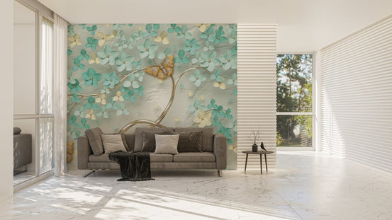 Living room with teal floral and Gilded Butterfly Garden Wall Mural