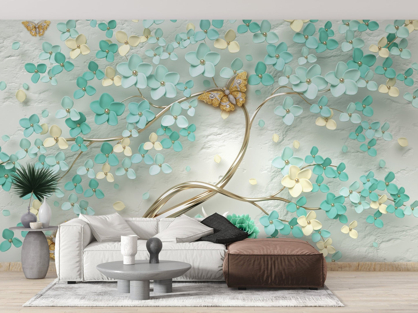 Large living room with teal floral wall mural and white sofa