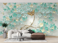 Large living room with teal floral wall mural and white sofa