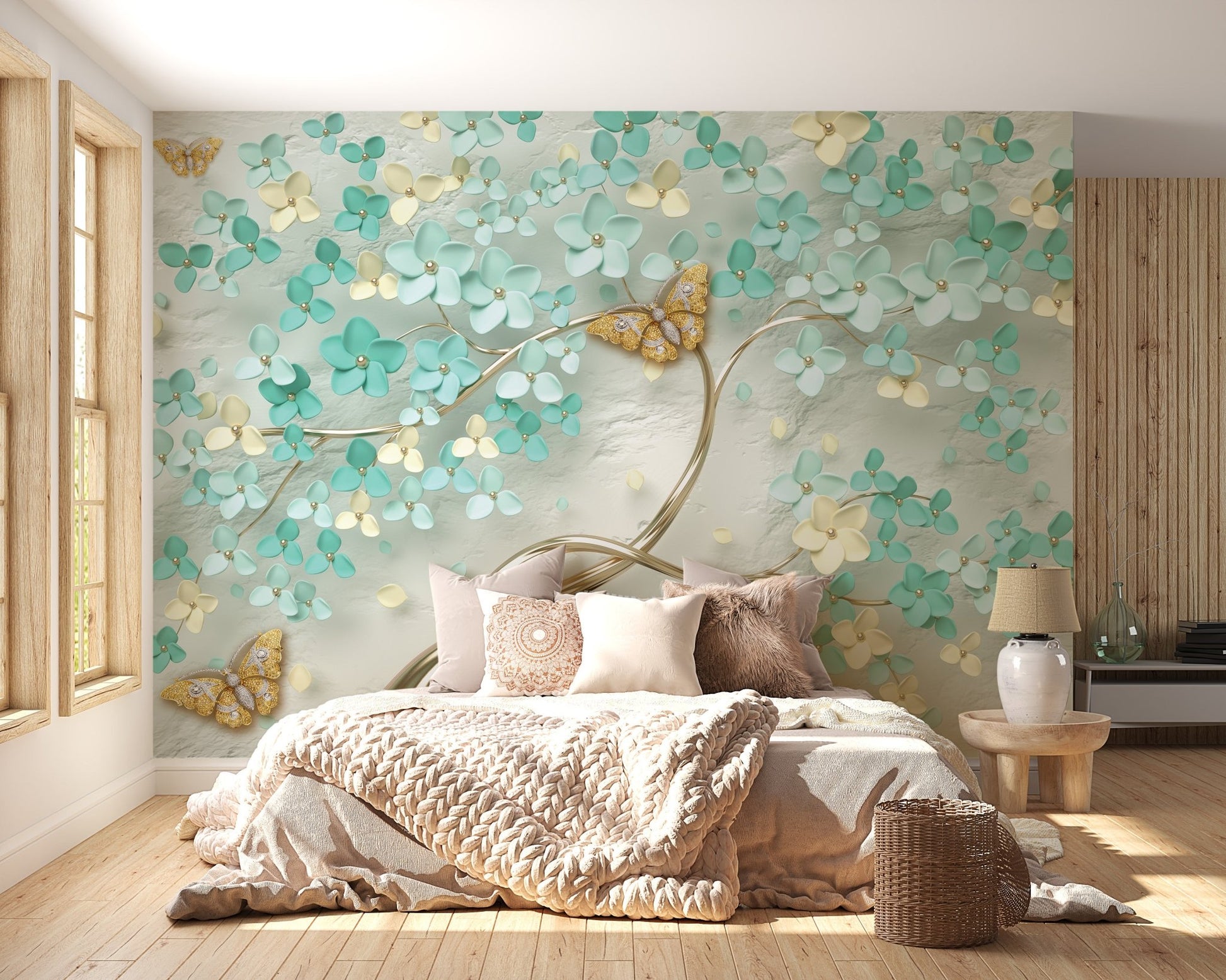 Bedroom with Gilded Butterfly Garden Wall Mural behind a beige bed