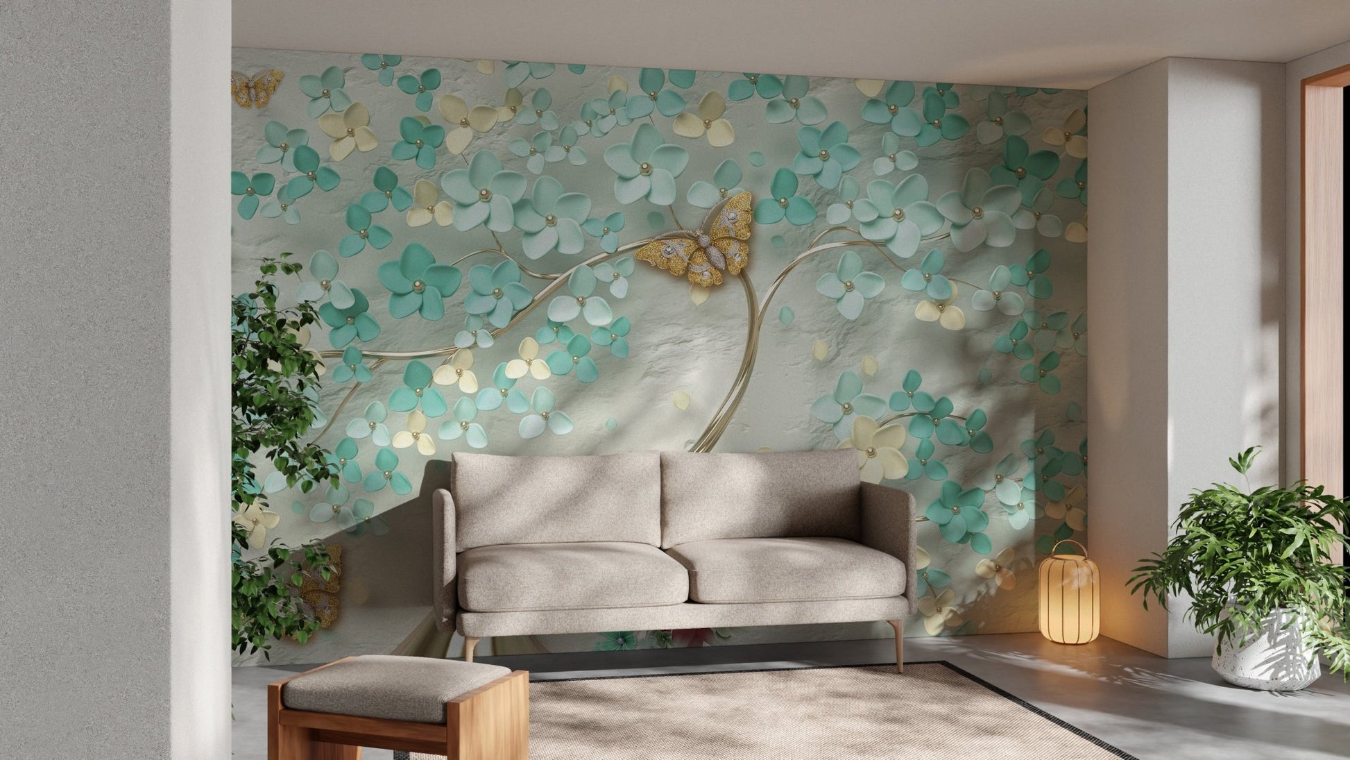 Apartment living area with teal and gold butterfly wall mural