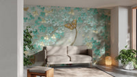 Apartment living area with teal and gold butterfly wall mural