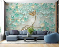 Contemporary living featuring teal and gold floral garden wall mural