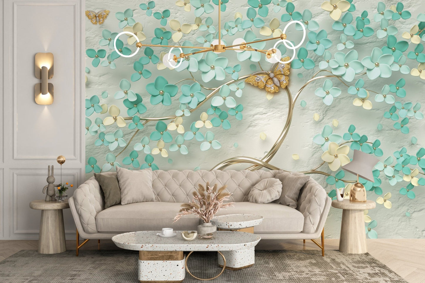 Elegant living with Gilded Butterfly Garden Wall Mural and cream sofa