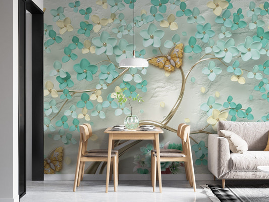 Modern dining area featuring a teal blossom garden wall mural
