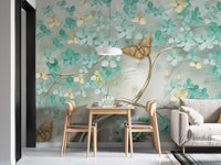 Modern dining area featuring a teal blossom garden wall mural