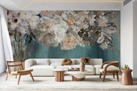 Floral wall mural with white and peach blooms in a bright open-plan flat.
