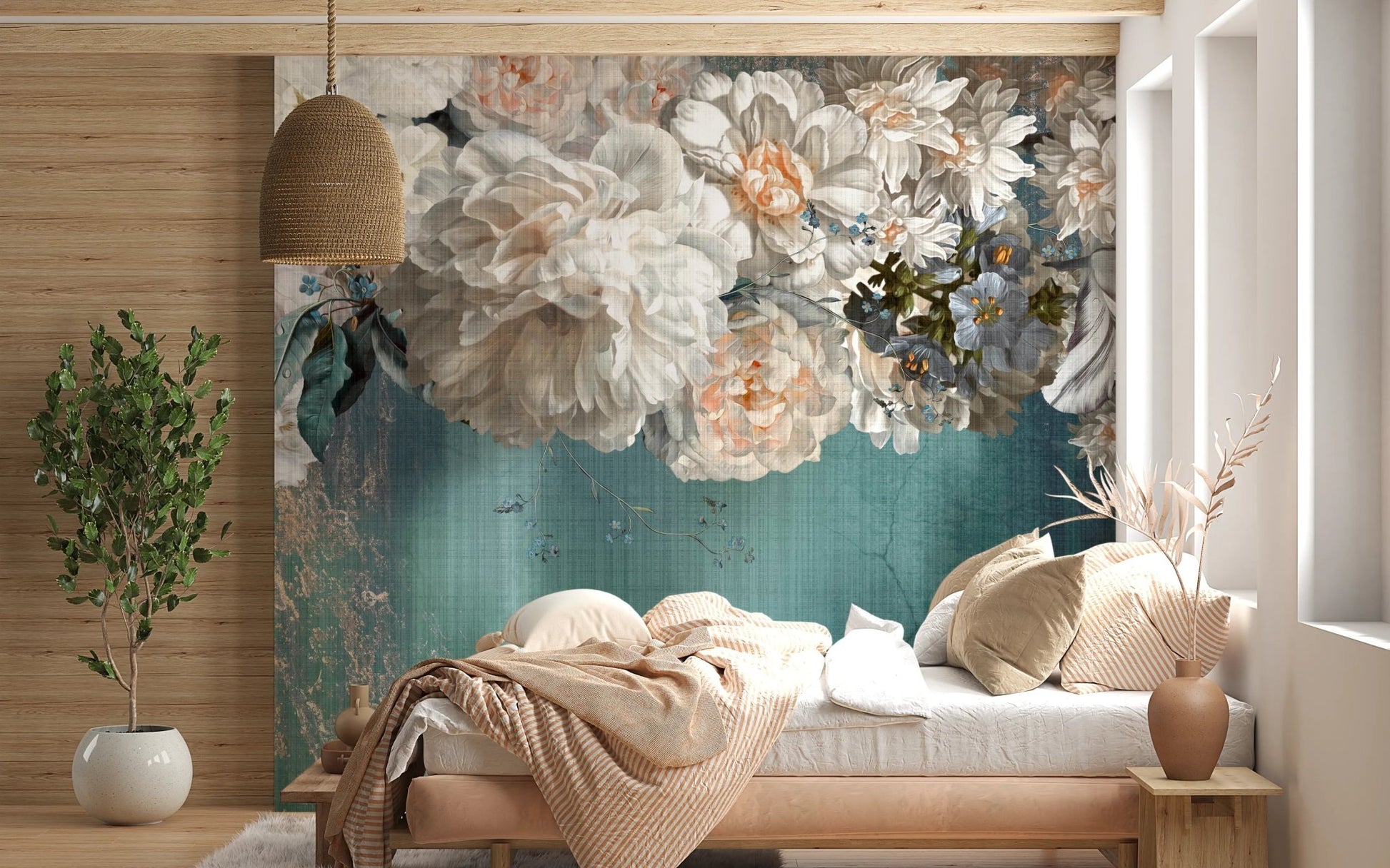 Cream and gold floral wall mural in a bedroom with wooden bedside tables.
