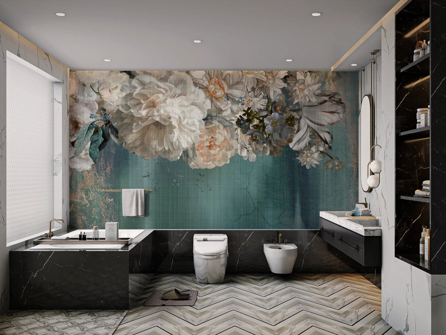Large white peony floral wall mural in a modern bathroom with dark grey tiles.