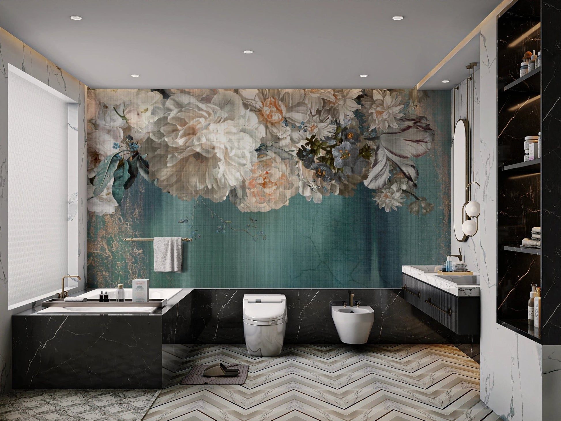 Large white peony floral wall mural in a modern bathroom with dark grey tiles.