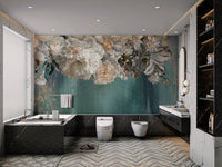 Large white peony floral wall mural in a modern bathroom with dark grey tiles.