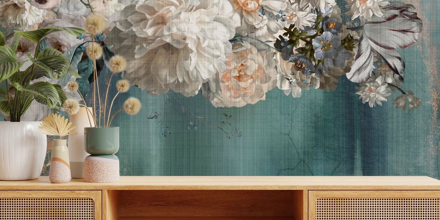 Gilded Floral Cascade Wall Mural detail above a wooden sideboard.