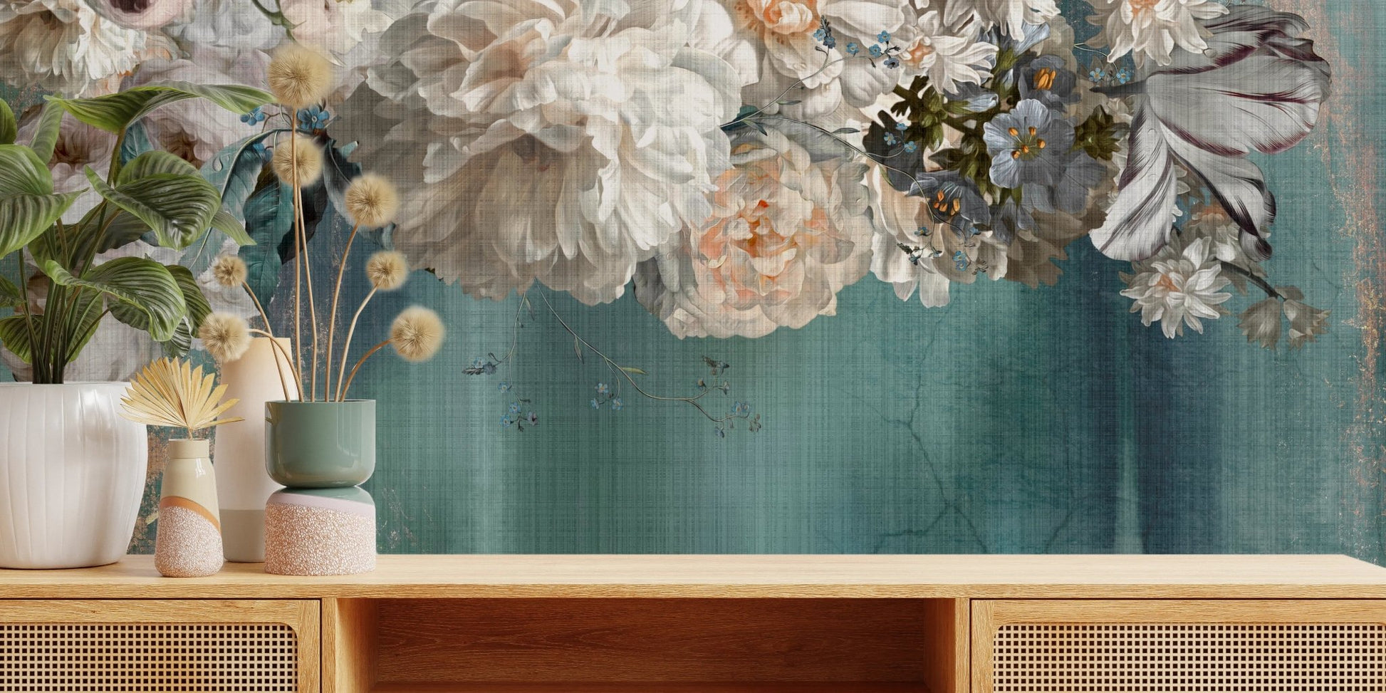 Gilded Floral Cascade Wall Mural detail above a wooden sideboard.