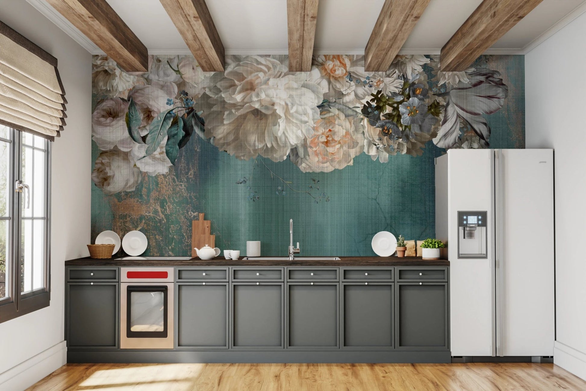 Dark grey kitchen with Gilded Floral Cascade Wall Mural as a feature wall.