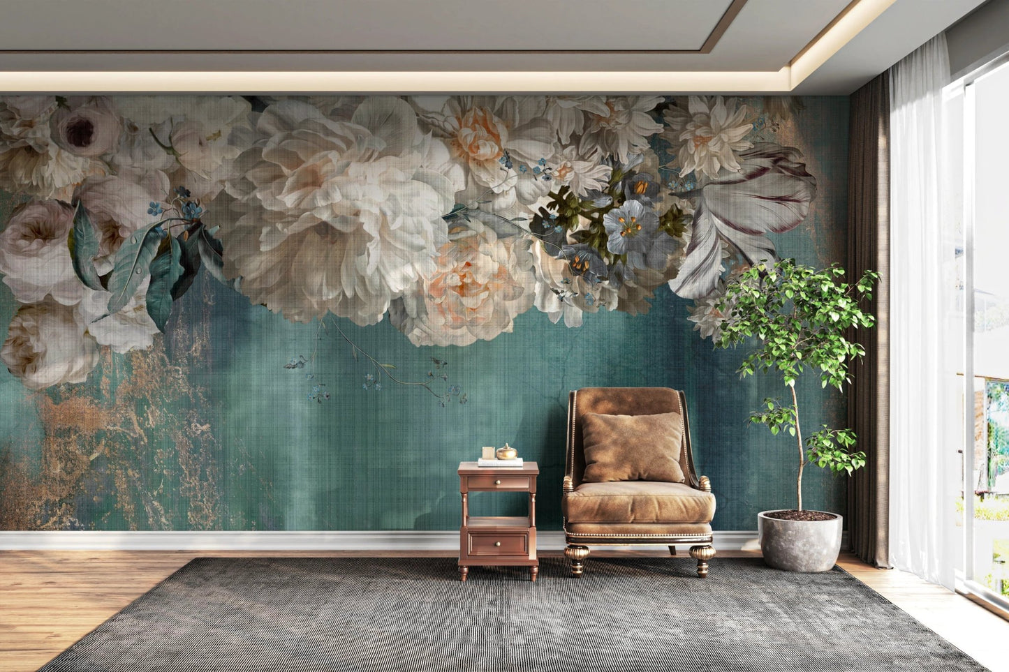 Teal textured gilded wall mural with cream flowers behind a tan leather armchair.