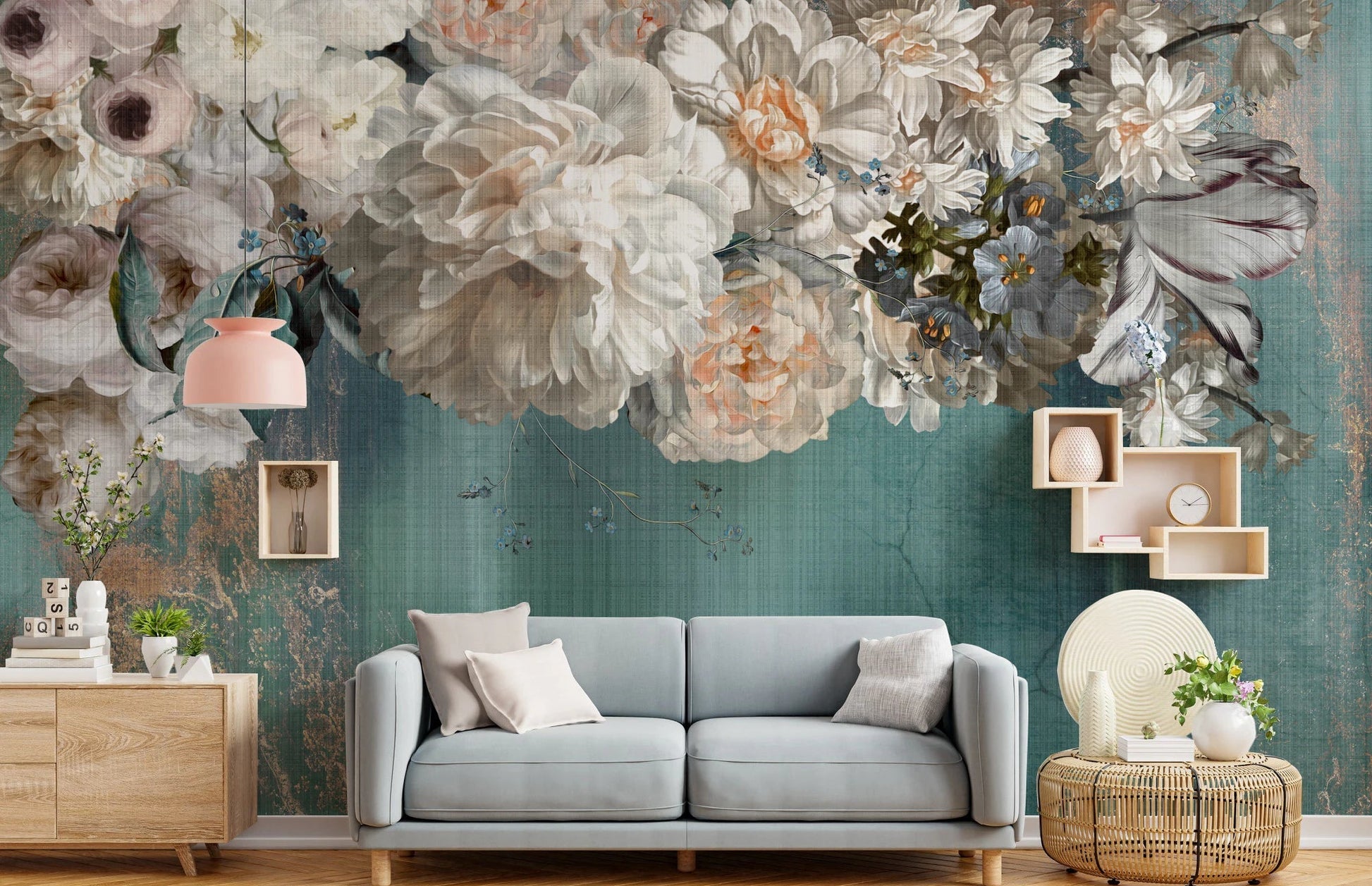 Gilded Floral Cascade Wall Mural behind a grey sofa in a living room.