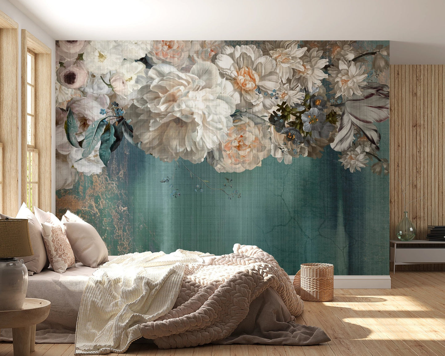 Gilded Floral Cascade Wall Mural in a bedroom with beige linens and sunlight.