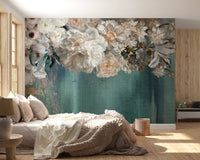 Gilded Floral Cascade Wall Mural in a bedroom with beige linens and sunlight.