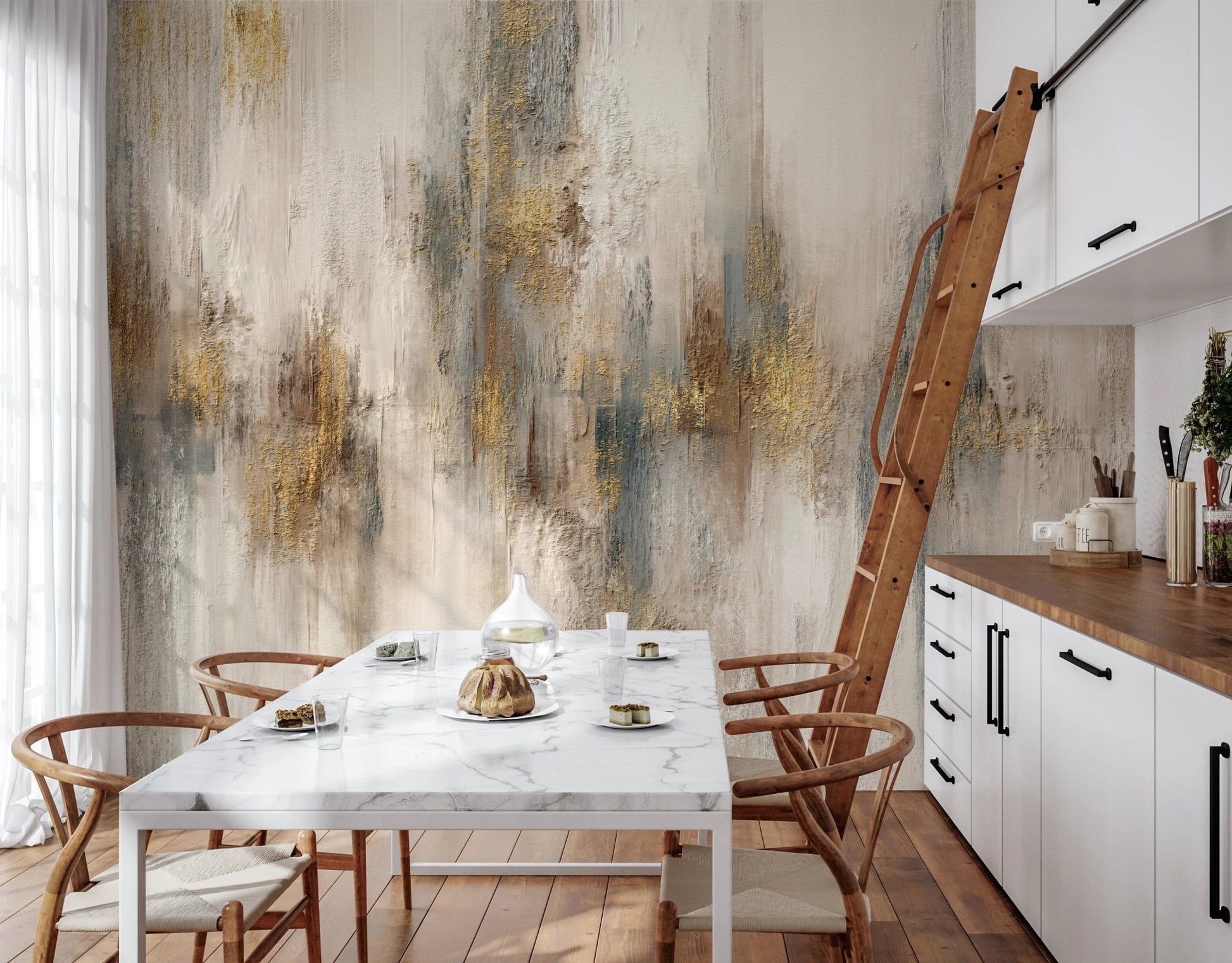 Dining room with a marble table and glided abstract wall mural.
