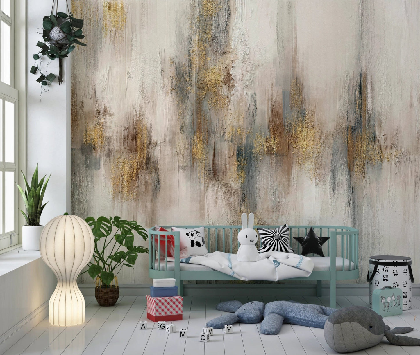 Green daybed in a sunlit room with gold and blue stroke wall mural.
