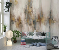 Green daybed in a sunlit room with gold and blue stroke wall mural.