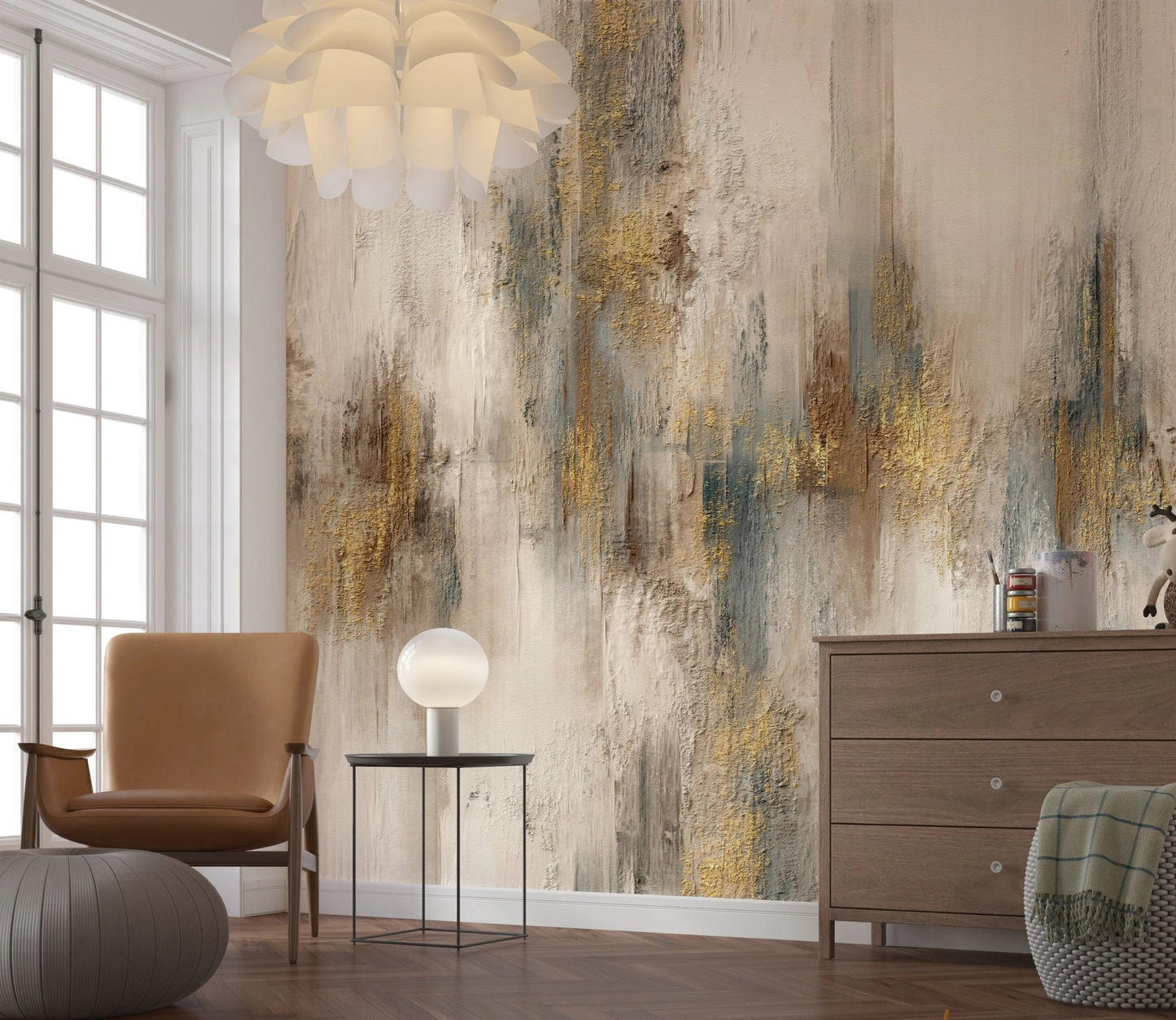 Gilded Strokes wall mural behind a tan armchair and wooden dresser.