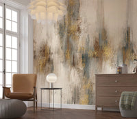 Gilded Strokes wall mural behind a tan armchair and wooden dresser.