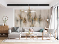 Minimalist living room with wooden coffee table and abstract strokes wall mural.
