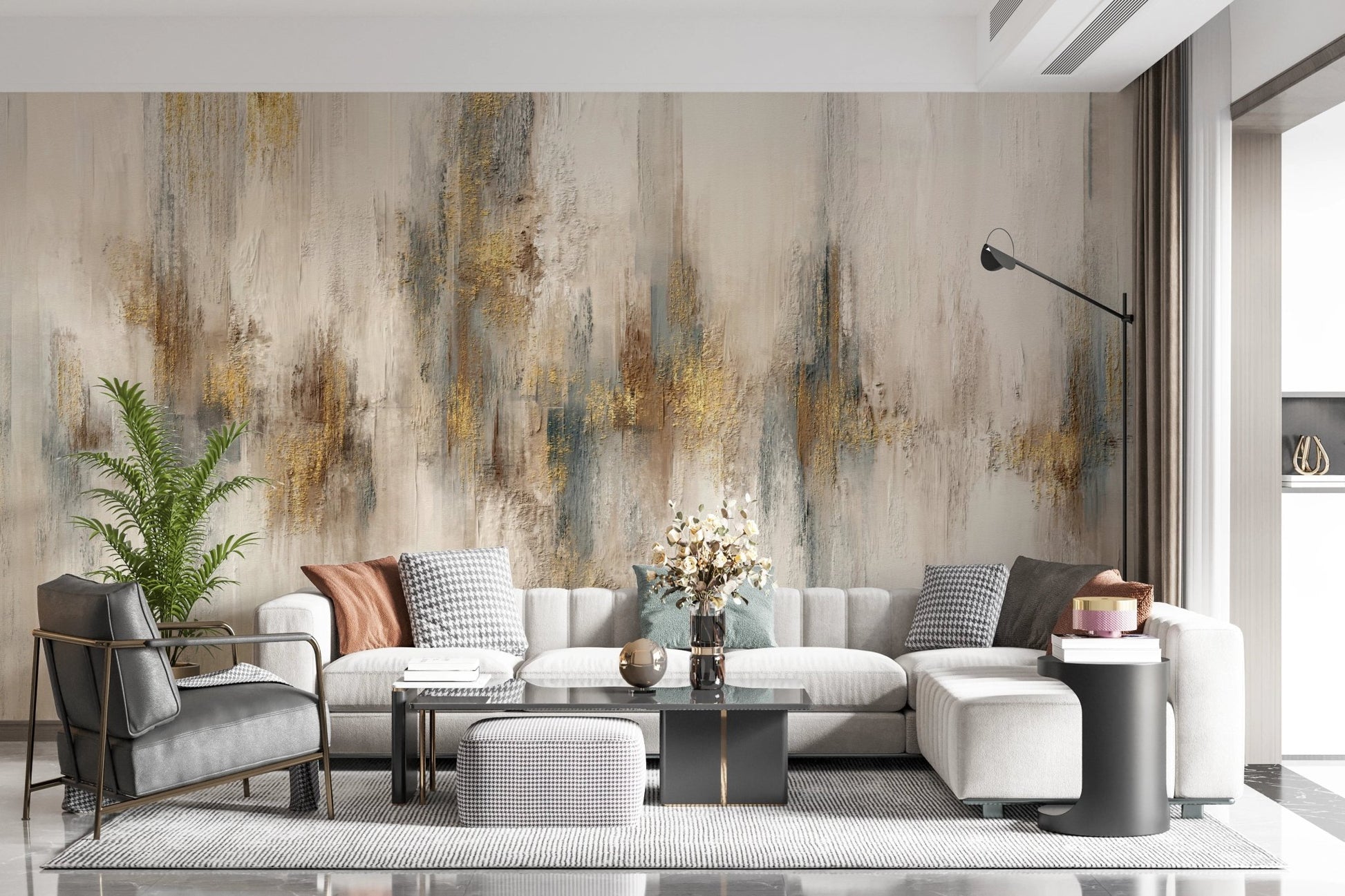 Grey L-shaped sofa paired with a Gilded Strokes wall mural.