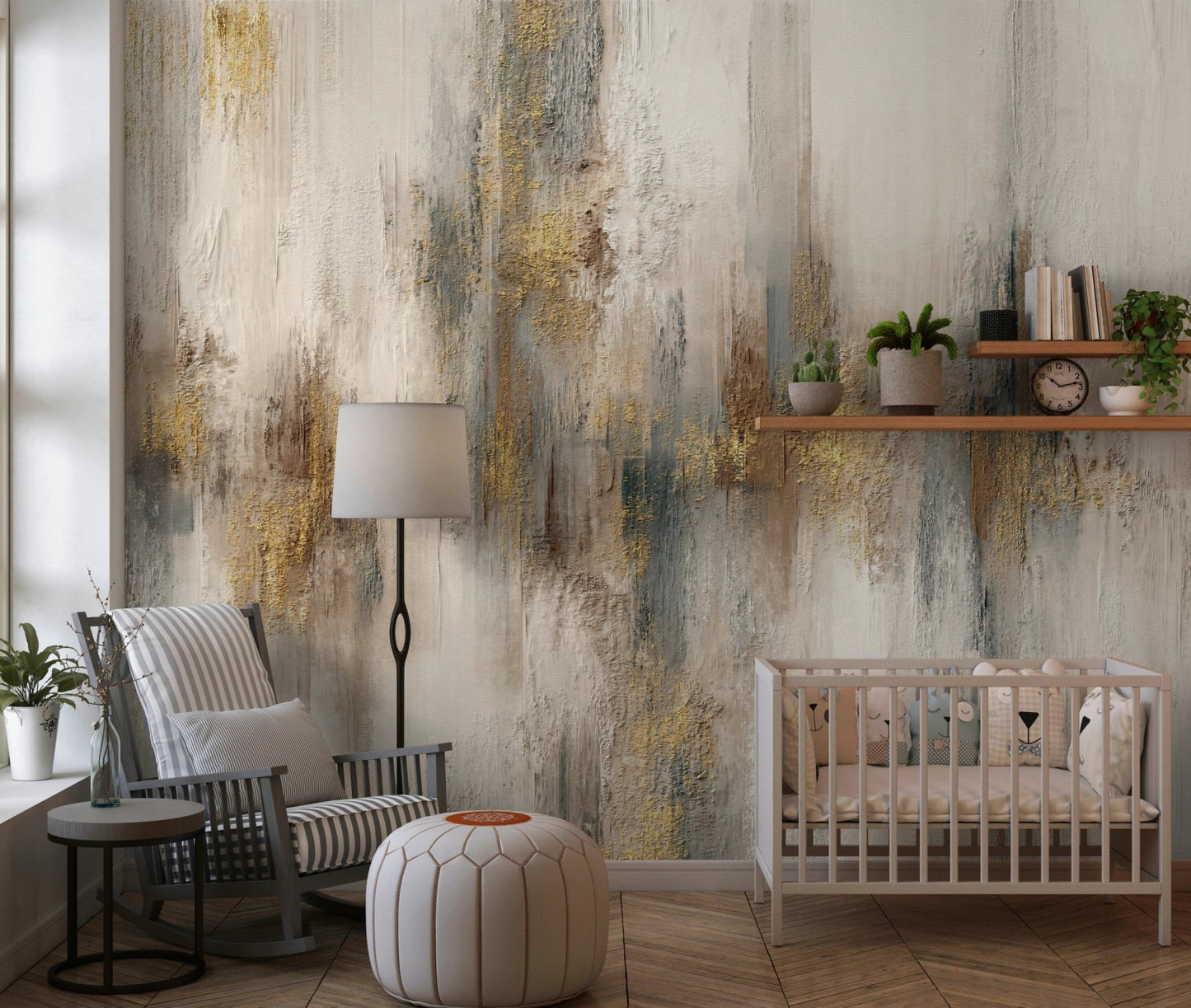 Nursery with a white crib and Gilded Strokes wall mural.