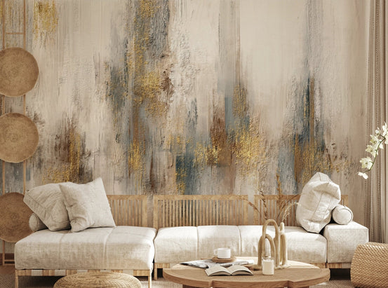 Living room featuring an abstract stroke wall mural.