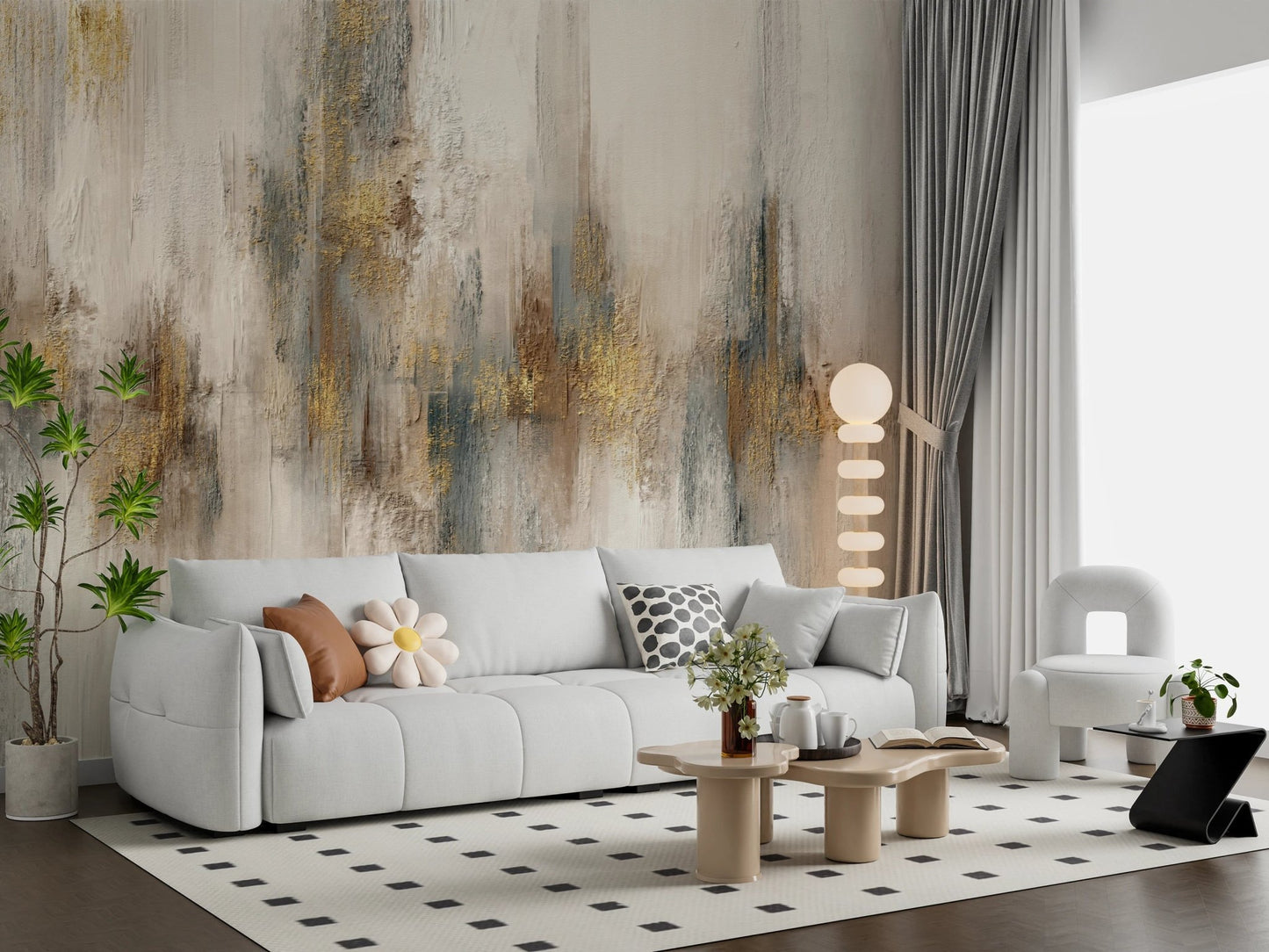 Large living area featuring a grey rug and gold stroke wall mural.