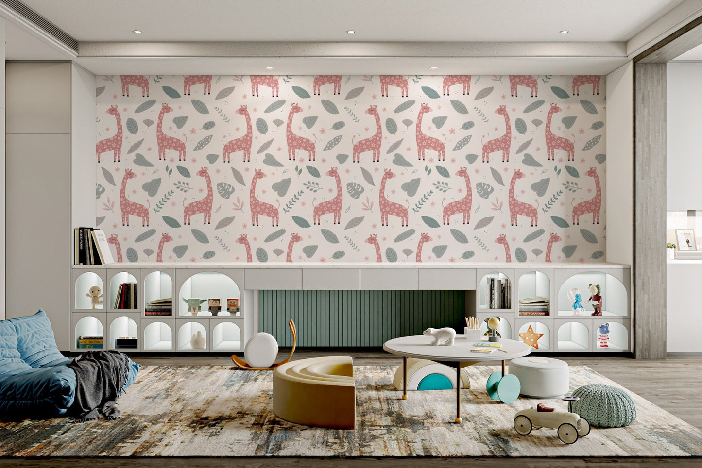 Hand-drawn pink giraffes and grey foliage wallpaper in kids playroom.