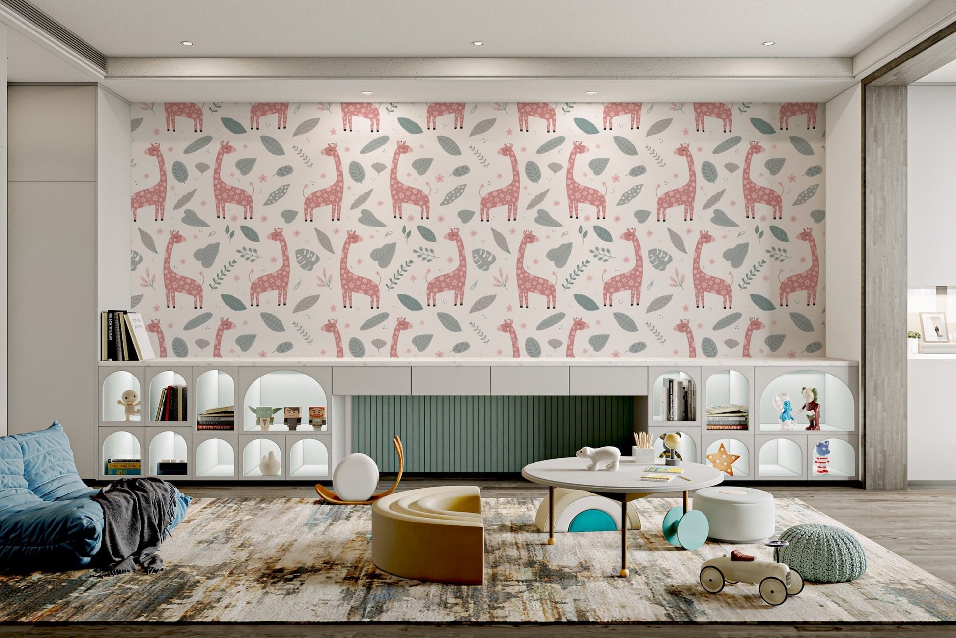 Hand-drawn pink giraffes and grey foliage wallpaper in kids playroom.