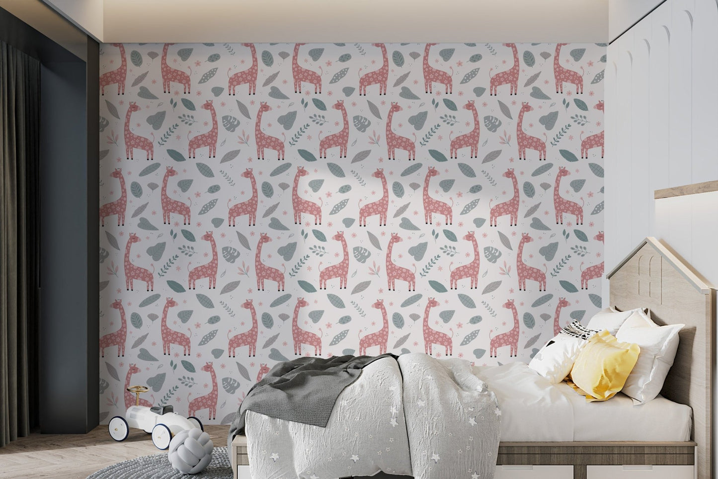 Giraffe and Leaves pink Wallpaper for children's bedroom.