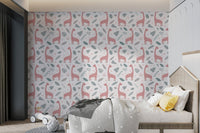 Giraffe and Leaves pink Wallpaper for children's bedroom.