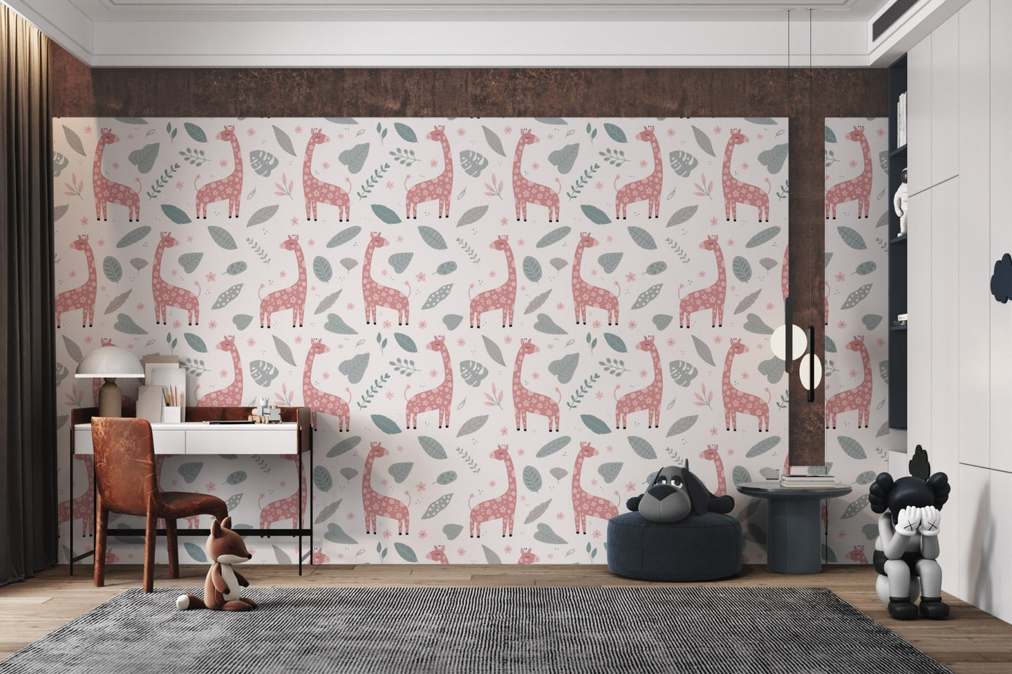 Minimalist animal wallpaper with pink giraffes and grey leaves in study area.