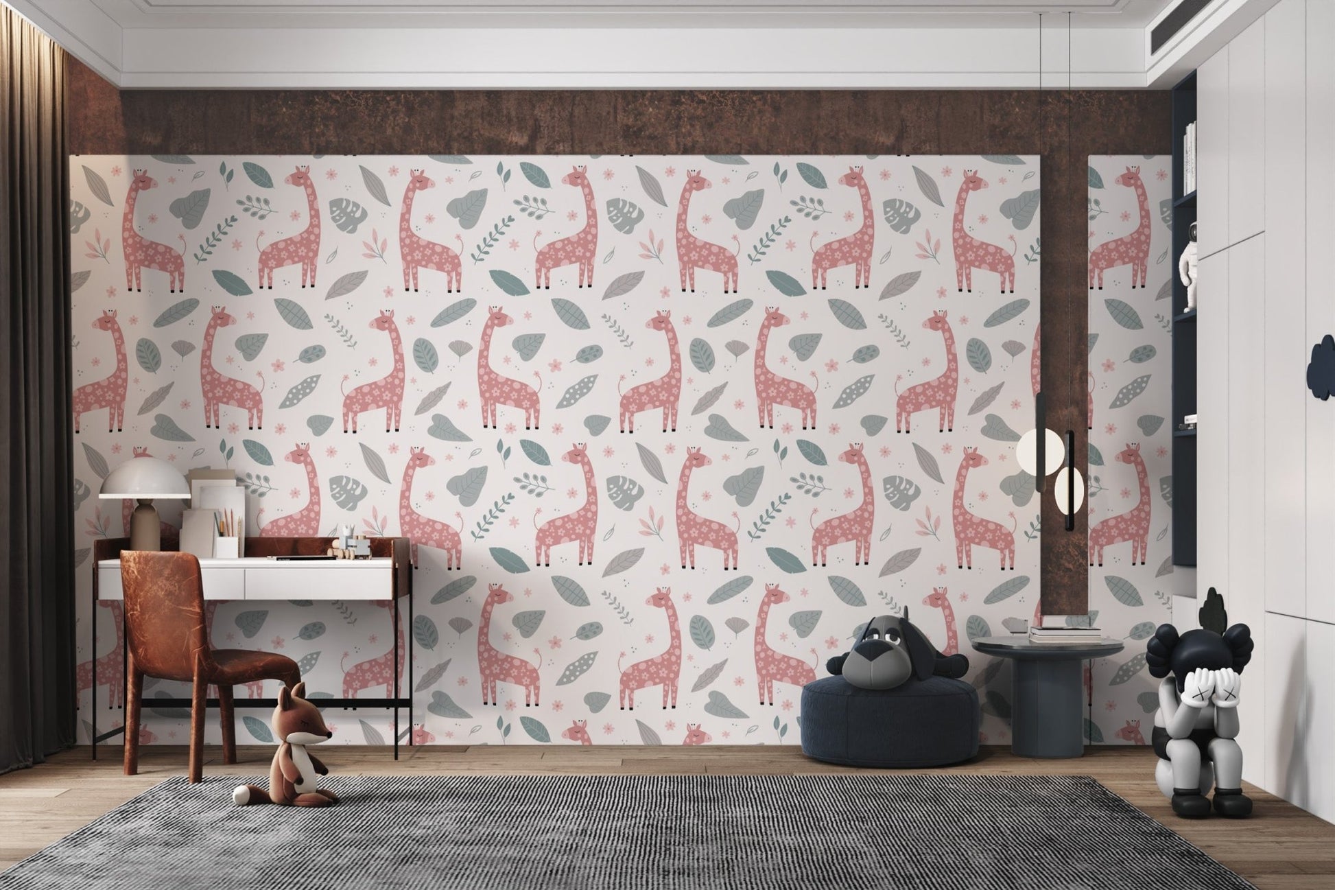 Minimalist animal wallpaper with pink giraffes and grey leaves in study area.