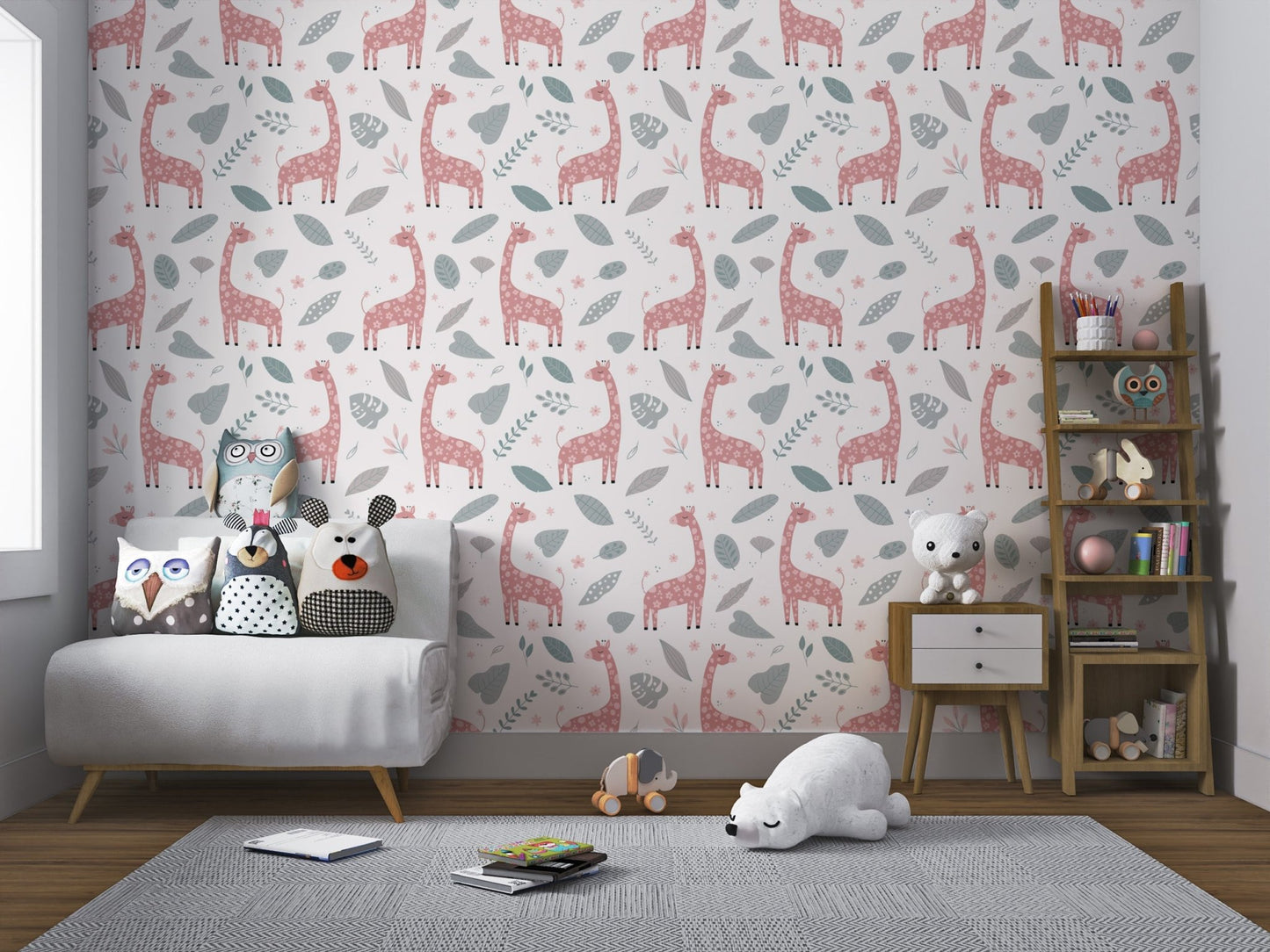 Cartoon giraffe wallpaper with floral textures and leaf illustrations.