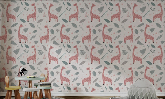 Pink giraffe wallpaper with floral patterns and grey leaves on white.