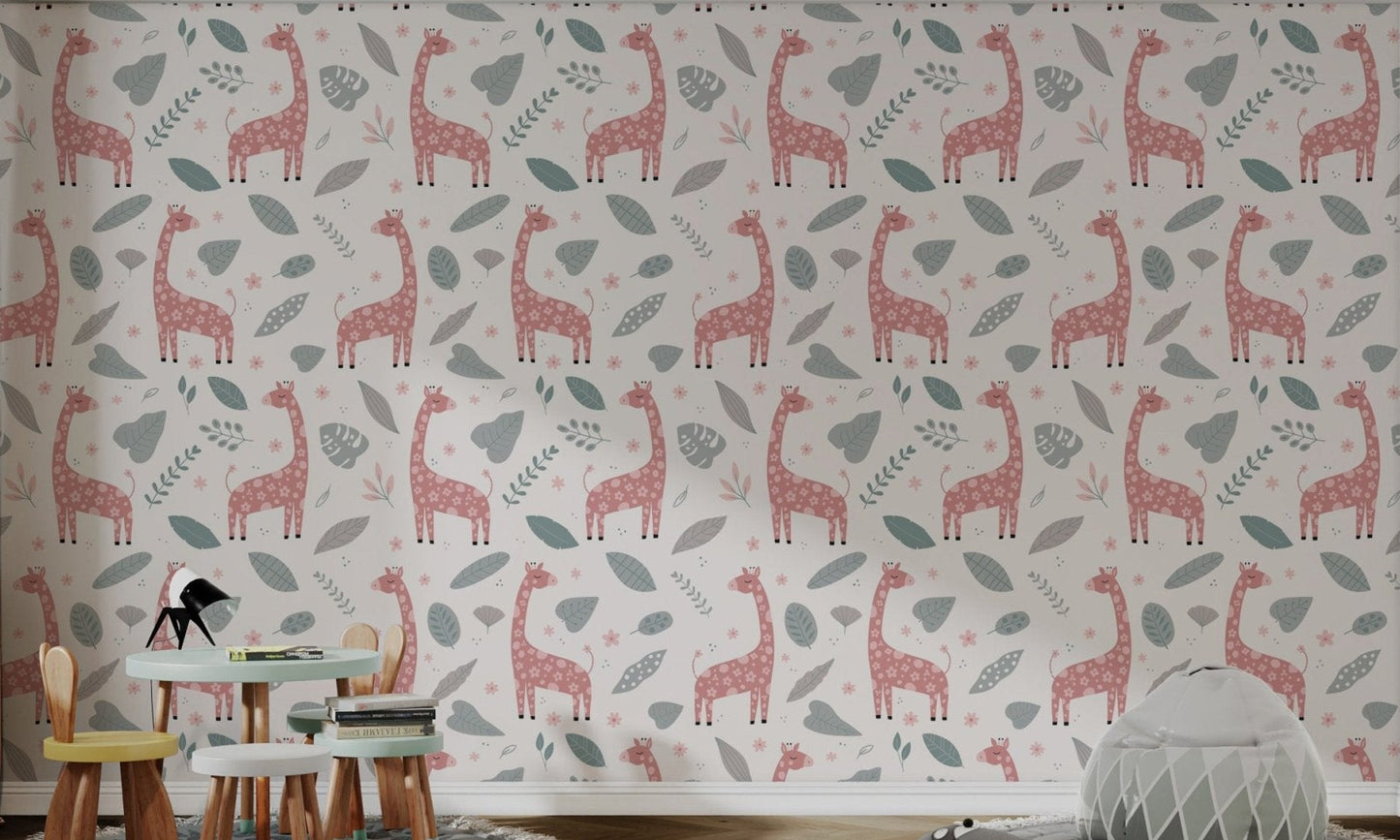 Pink giraffe wallpaper with floral patterns and grey leaves on white.