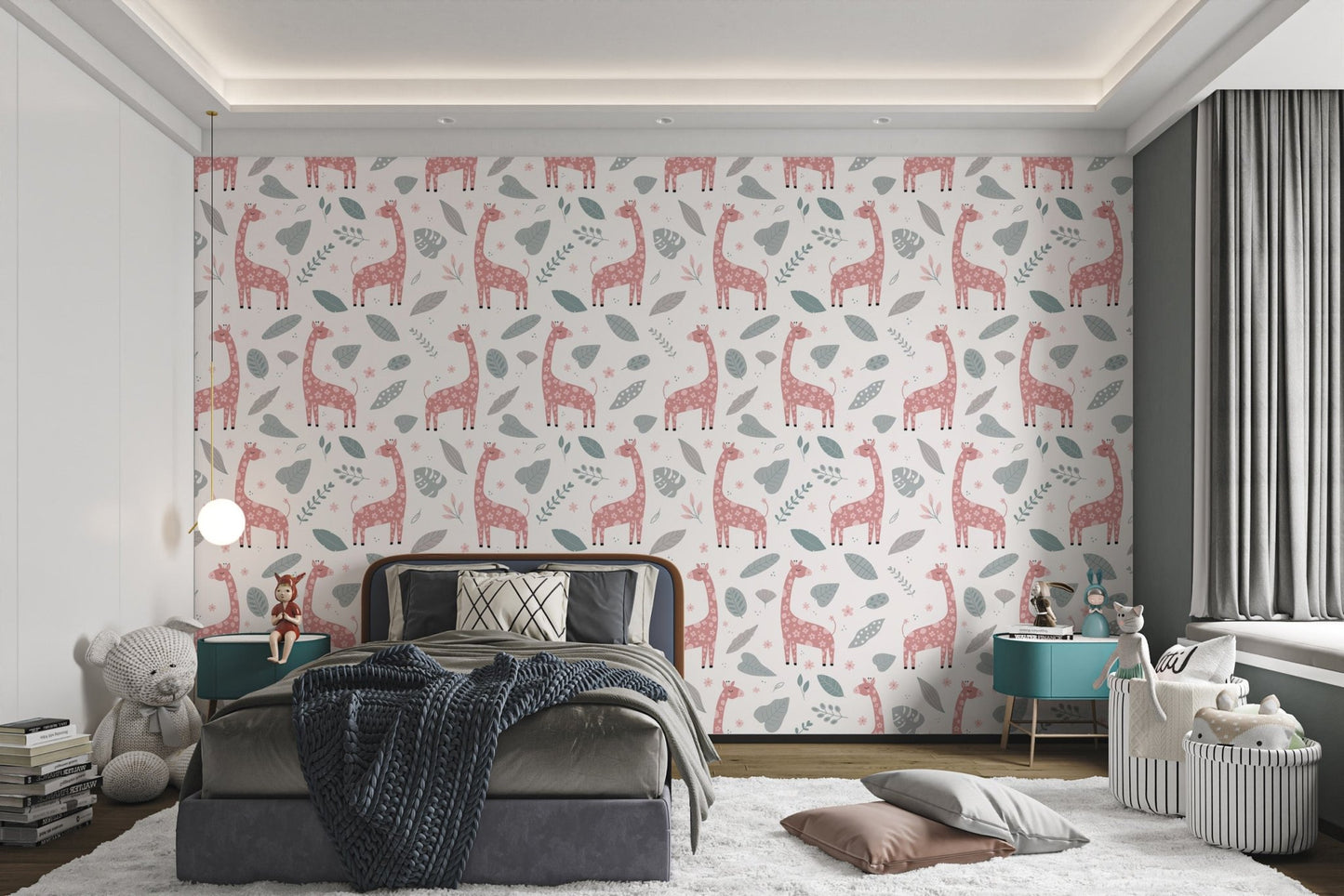 Illustrative wallpaper with pink giraffes and pastel grey leaves.