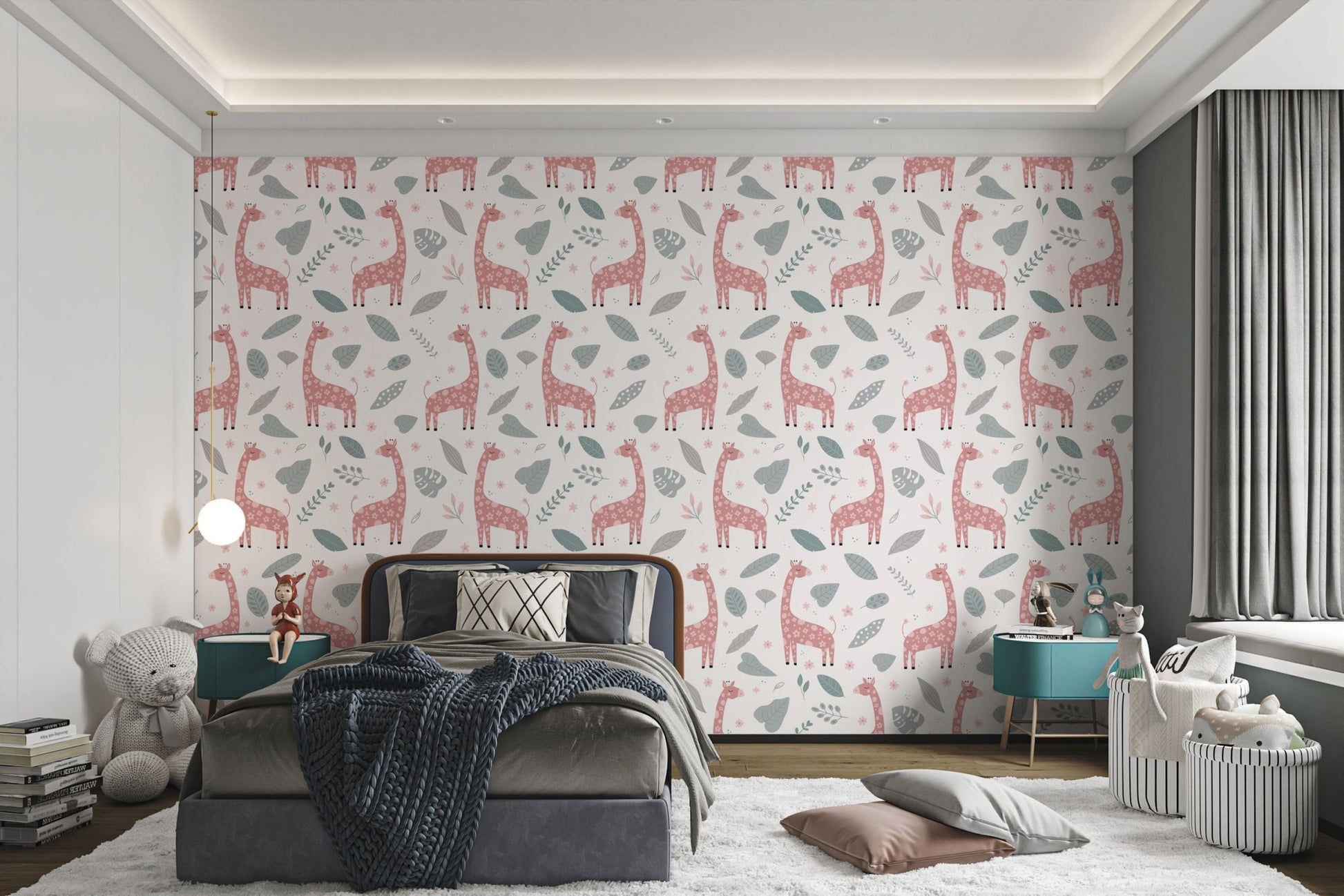 Illustrative wallpaper with pink giraffes and pastel grey leaves.