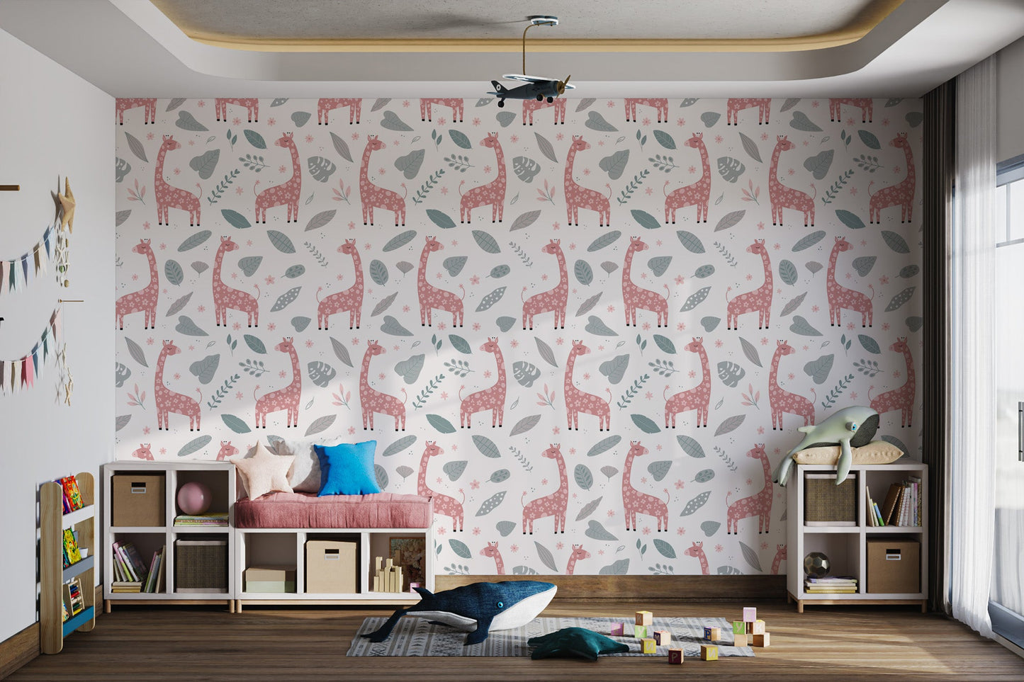 Botanical wallpaper featuring pink giraffes and leaf prints in playroom.