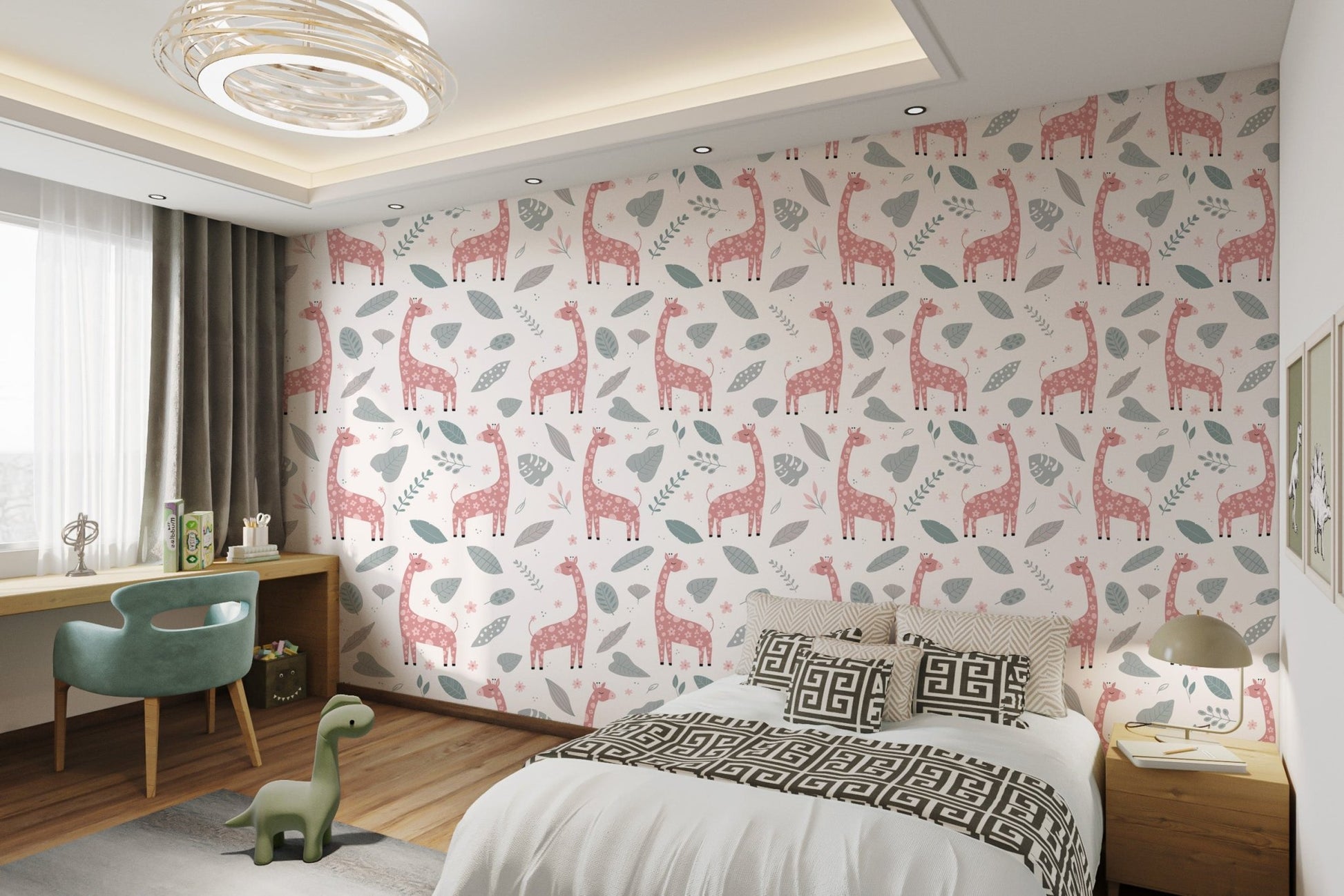 Pink and grey animal pattern wallpaper for bedroom interior walls.
