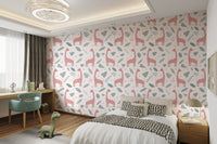 Pink and grey animal pattern wallpaper for bedroom interior walls.