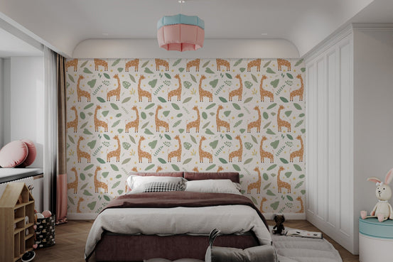 Safari theme wallpaper with repetitive giraffe and botanical plant patterns.