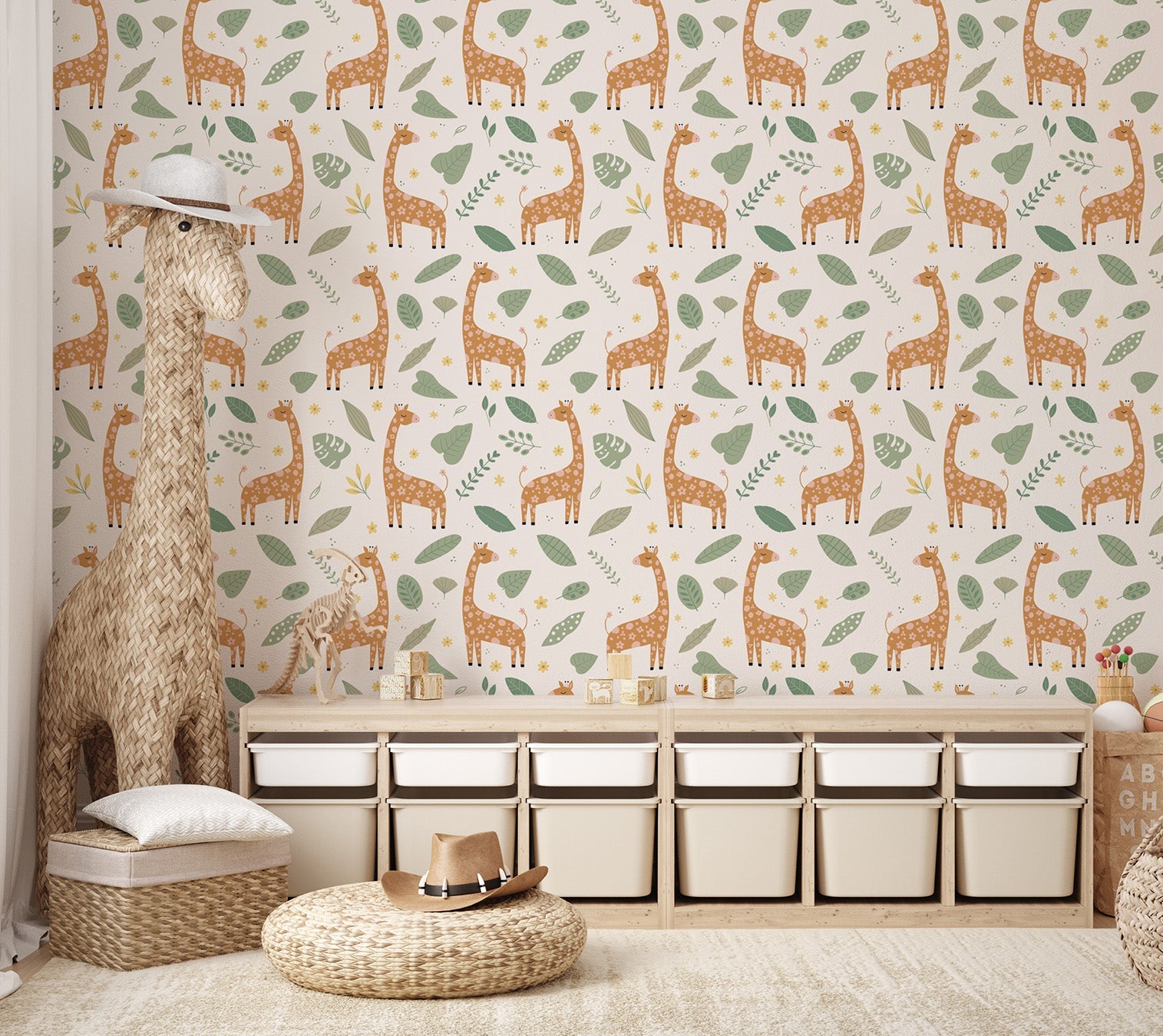 Cartoon giraffe pattern wallpaper with green leaves on cream background.
