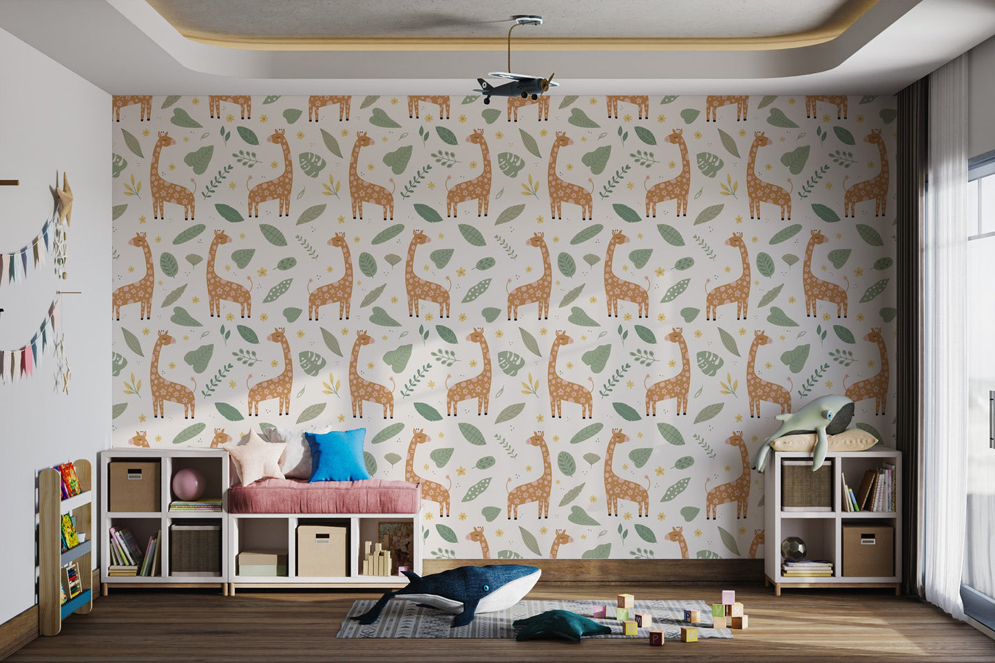 Off-white background wallpaper with hand-drawn giraffe and leaf motifs.