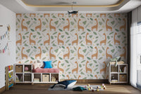 Off-white background wallpaper with hand-drawn giraffe and leaf motifs.